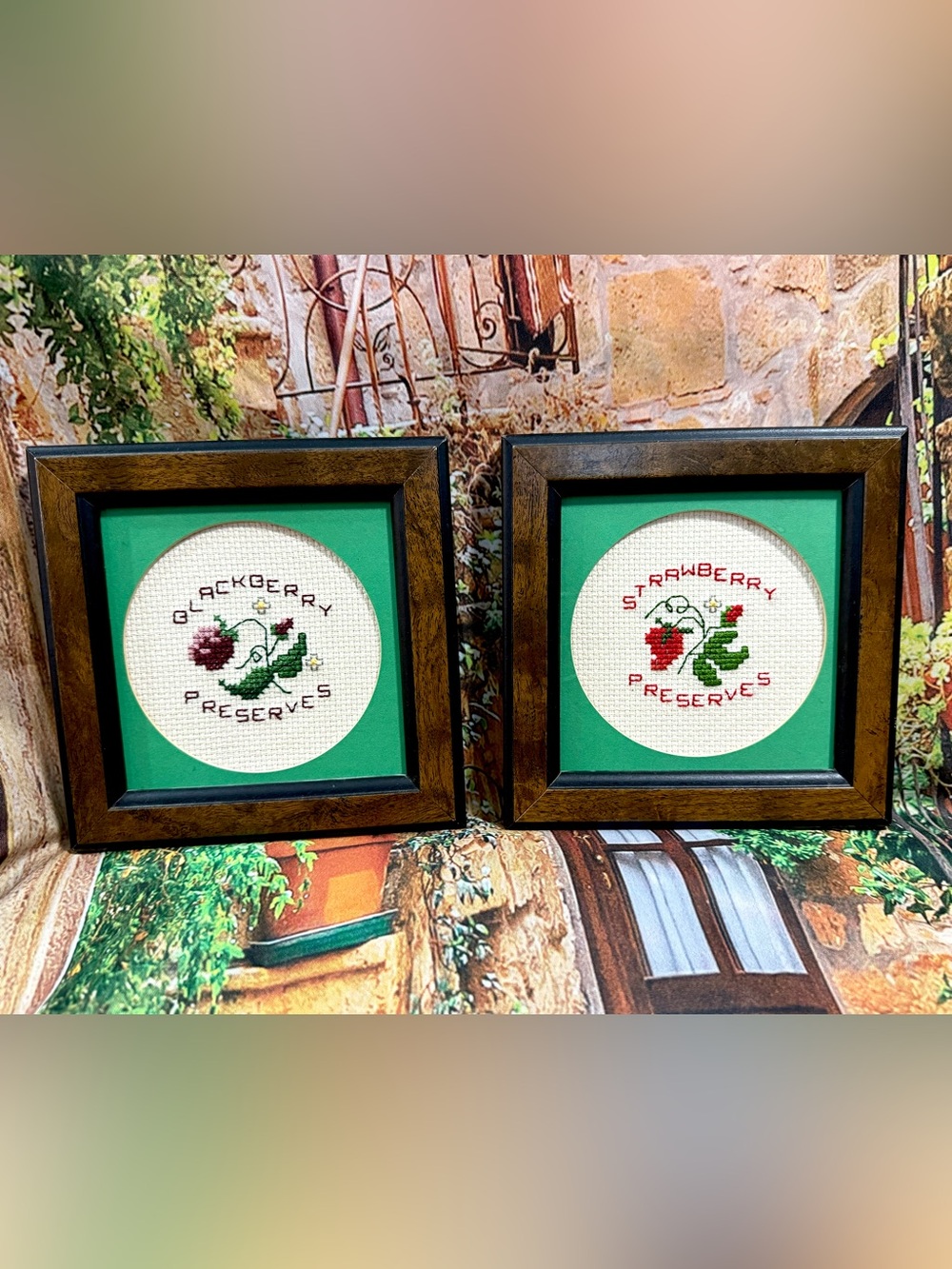 Vintage Framed Cross Stitch Fruit Preserves BlackBerry Strawberry Set Of 2